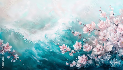 An abstract seascape where ocean waves transform into delicate cherry blossoms using soft pinks and whites with subtle hints of turquoise