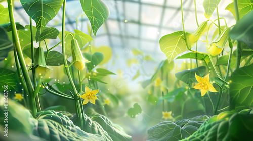 Young cucumber plant with leaves and flowers and buds are growing in greenhouse, power system with control,vector image