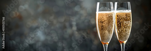 two champagne flutes with bubbles in them on a table with gray background