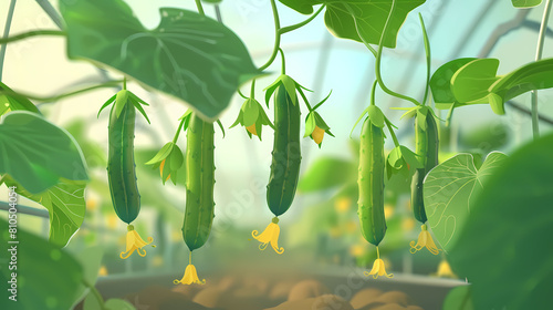 Young cucumber plant with leaves and flowers and buds are growing in greenhouse, power system with control,vector image