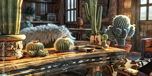 Southwestern Serenity: A rustic desk adorned with cacti and cowhide accessories in a cozy Texas ranch-style setting