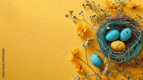 Vibrant Easter eggs in nest, surrounded by spring flowers on soft yellow backdrop. Festive and inviting Easter background.