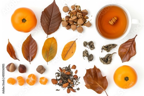 Colorful assortment of tea leaves in walnut, aegean blue, honey, and persimmon orange, isolated on a white background.