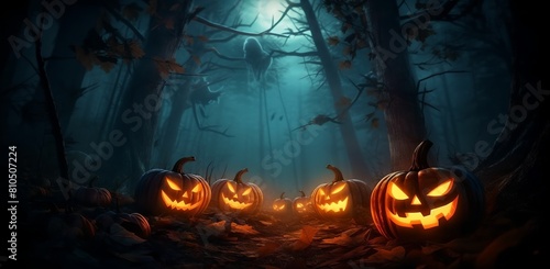 a group of carved pumpkins sitting in the woods at night with a full moon in the background