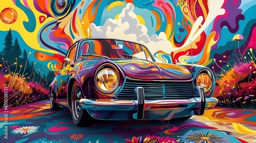 Abstract retro car cool digital artwork. Contemporary pop art design, 90s style vivid flower child surreal pop art. Seamless pattern psychedelic cartoon hippie trippy landscape.