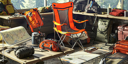 Outdoor Adventure Desk: A functional and durable workspace designed for outdoor enthusiasts, complete with a camping chair, map case, and gear strewn about, reflecting the active lifestyle of those wh