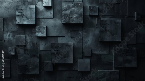 3D rendering of a dark futuristic wall made of interlocking metal plates with beveled edges.