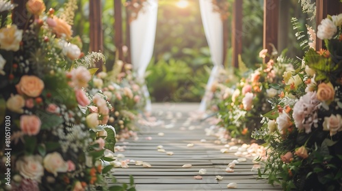 Wedding ceremony background decoration with plant and bouquets flowers, empty scene for wedding in the garden, beautiful event in outdoor and open air.