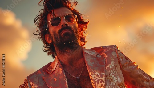 Capture a dandy in a low-angle view, showcasing his exquisite attire and confident expression under a warm sunset light, blending bold colors and fine details in a painterly style