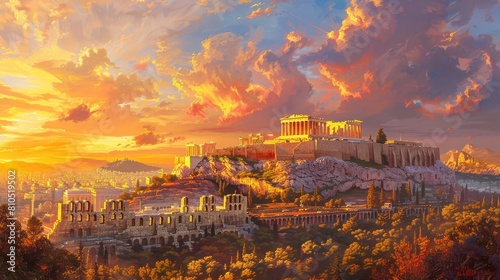 Capture the majestic Acropolis at sunset in a realistic oil painting