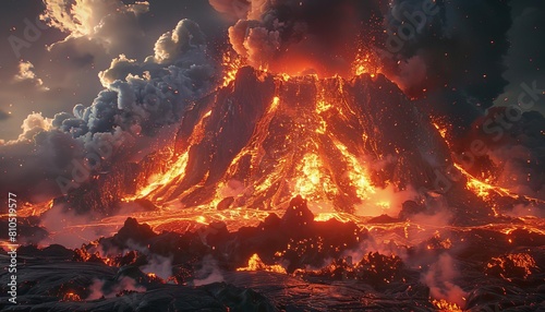 Capture the raw power of a wide-angle view volcanic eruption in vivid detail