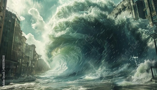 Capture the sheer force and magnitude of a tsunami from a low-angle perspective, with towering waves crashing down in a photorealistic digital illustration