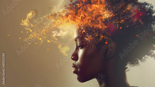 powerful visual metaphor of social media addiction, with a young woman's head bursting open from the pressure of excessive information.information illustrated by a young woman's brain exploding .