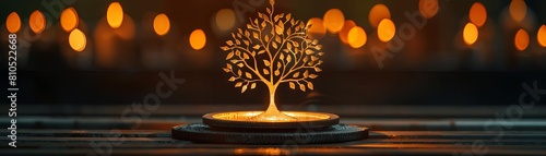 The image shows a glowing tree with a golden trunk and branches. The tree is sitting on a dark surface with a blurry background of orange lights.