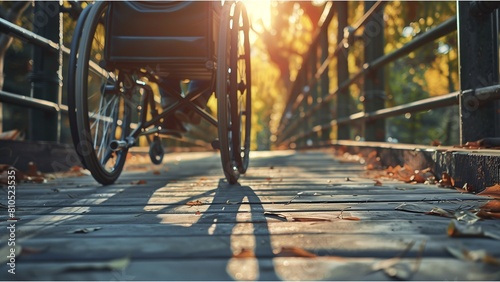Close up of person in wheelchair on elevated bridge, high resolution photography, copy space concept
