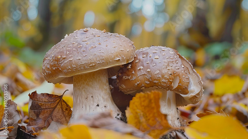 Two mushrooms are sitting in the leaves of a forest.