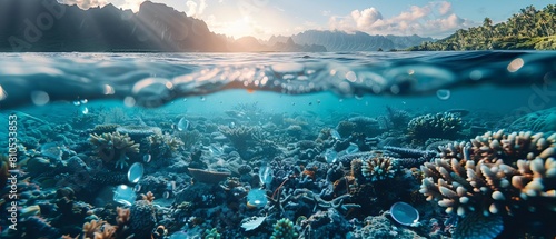 A split underwater scene showing pristine sea on one side and microplastic pollution on the other