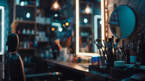 Dimly lit, modern barber shop interior featuring mirrors, shelves with grooming products, and styling tools