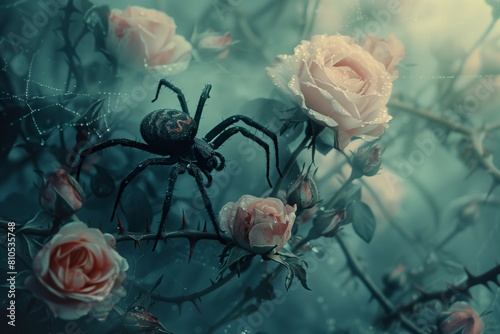 A large spider navigating a dew-laden rose bush in a misty, ethereal garden scene