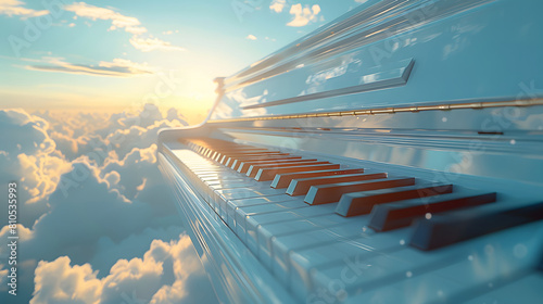 white piano floating in the sky