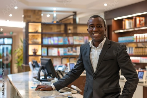 Smiling professional hotel concierge standing confidently at reception desk