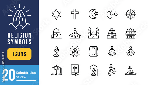 Set of Religion Symbols Related Vector Line Icons. Contains such Icons as Prayer Room, Temples, Divine Book and more. Editable Stroke.