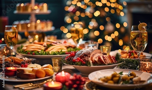 Festive Christmas dinner scene with food and snacks in a beautifully decorated tree and twinkling lights in the background.