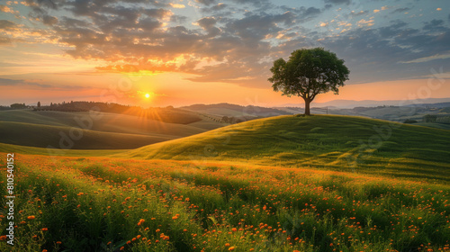 A breathtaking view of sunrise over lush Tuscan hills dotted with vibrant wildflowers, depicting tranquility.