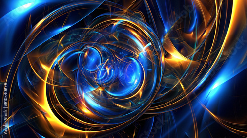 blue and gold, background graphic with rotating neon toruses and sphere.