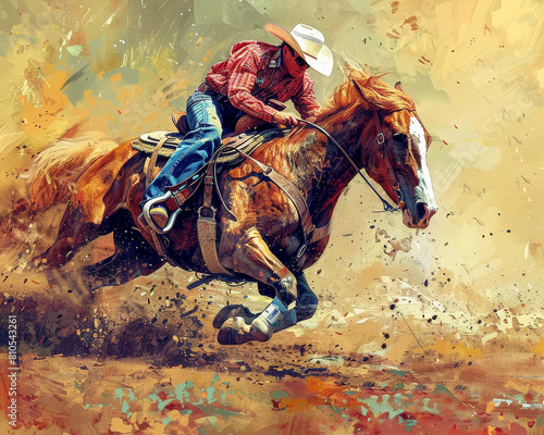 A cowboy is riding a bucking horse in a rodeo