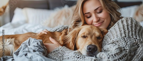 A cozy bedroom scene with a woman capturing a candid moment with her dog on a lazy Sunday morning