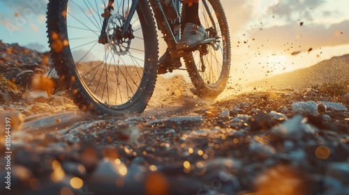 Detailed view of a racing bike and cyclist's legs, set against the warm glow of a sunset over rugged terrain.