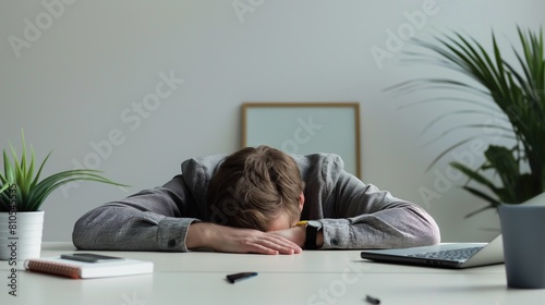 A man sleeps at his desk in the office, with his head on the table and his hands under his head next to his laptop. Professional burnout, work without rest, workaholism