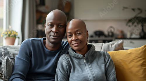 A bald-haired man and woman sit together on a comfortable sofa in the living room, showing their support on Cancer Day. AI Generated Images