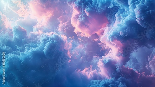 Surreal clouds of blue and pink ink floating in a watery abyss, simulating an underwater cosmic scene.