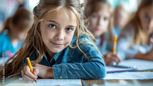 Young girl focused on writing a lecture in classroom. Close-up of a cheerful young girl with pencil in hand, concentrating on her studies in a bright, busy elementary school classroom.