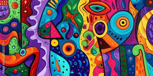 With absurd doodles and organic flowing forms, colorful shapes create an abstract colored artwork.