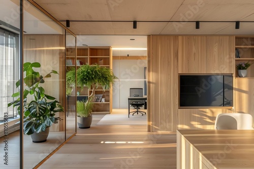 A serene office space designed for optimal light and space efficiency