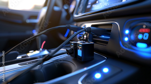Car charger adapter plugged into a vehicle's dashboard outlet, equipped with fast-charging technology and multiple USB ports to keep smartphones and tablets powered up during road trips.
