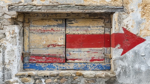  A building bears a red, white, and blue arrow, with a separate red arrow painted beside it