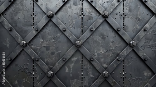 The image shows a dark, metal door with rivets.