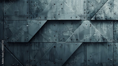 The image shows a dark metal wall with rivets. The wall is made of interlocking metal plates.