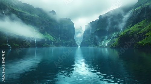 A tranquil lake surrounded by towering black cliffs, their sheer faces mirrored in the still waters below, creating a sense of serene isolation