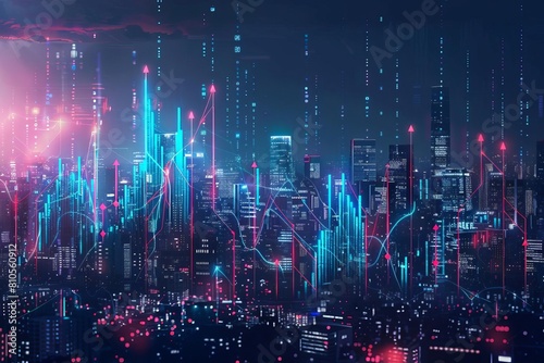 Futuristic cityscape with glowing digital financial graphs