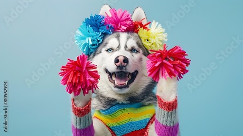Cheerful Siberian Husky in Whimsical Rainbow Striped Cheerleader Costume with Pom poms on Pastel Blue Background