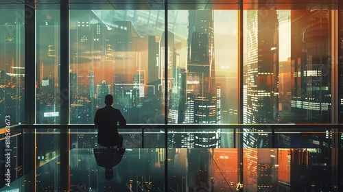 Modern workspace with a businessman contemplating over futuristic urban plans