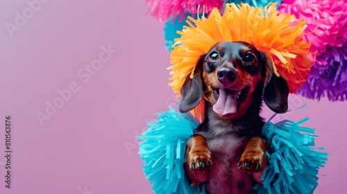 Joyful Dachshund Cheerleader in Vibrant Costume on Lavender Background