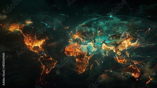 Portray a global map illuminated by connections symbolizing internet traffic