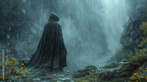 Solitary figure enveloped in a thick cloak explores a mist-laden forest at dusk