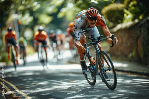 A cyclist intensely competes in a tree-lined road race, displaying focus and physical prowess amidst nature.